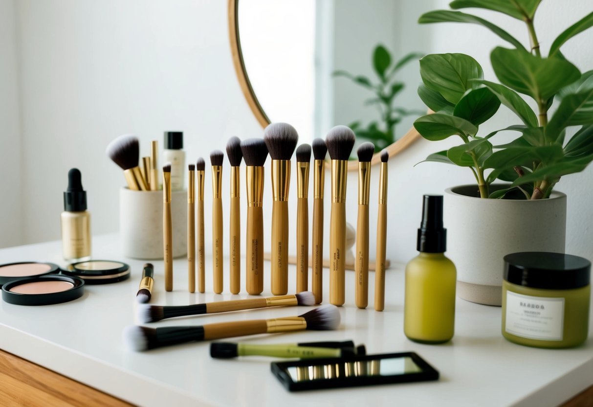 A bamboo makeup brush set surrounded by eco-friendly beauty products on a sustainable, minimalist vanity