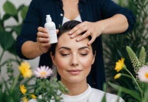 Woman with eyes closed, receiving a facial treatment with vegan product