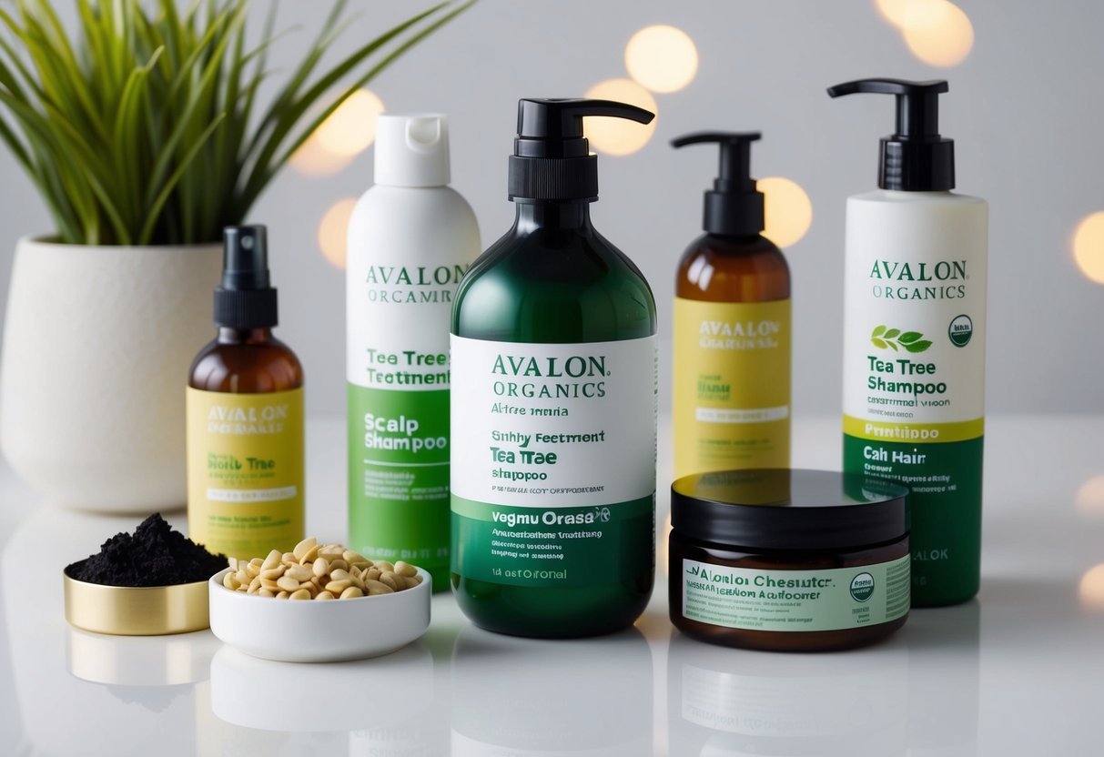 A bottle of Avalon Organics Scalp Treatment Tea Tree Shampoo surrounded by various vegan hair care products on a clean, white surface