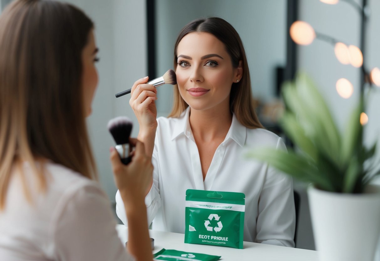 A woman applying eco-friendly makeup in recyclable packaging