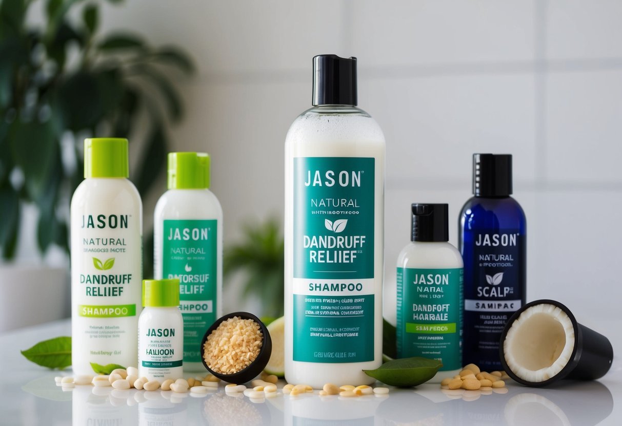 A clear bottle of Jason Natural Dandruff Relief Shampoo surrounded by various vegan scalp care products on a clean, white surface