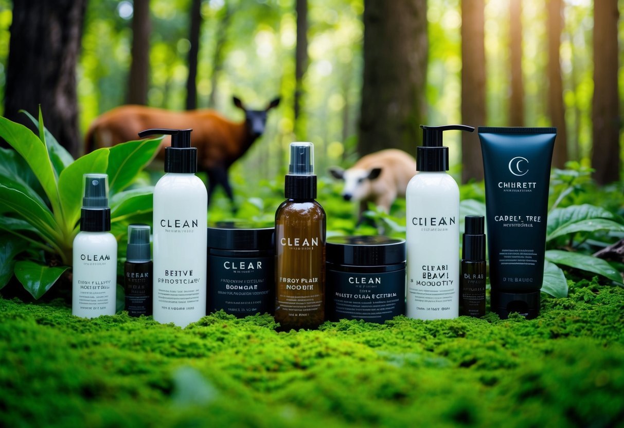 A lush forest with animals and plants, surrounded by clean beauty products with cruelty-free certifications