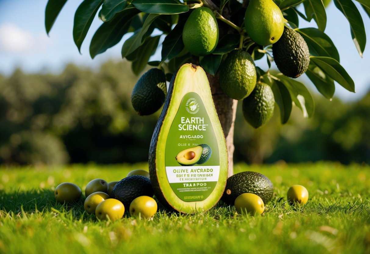 A lush, green avocado tree stands tall, surrounded by ripe olives on the ground. The earth is rich and fertile, symbolizing the natural, vegan ingredients used in the Earth Science Olive & Avocado Shampoo