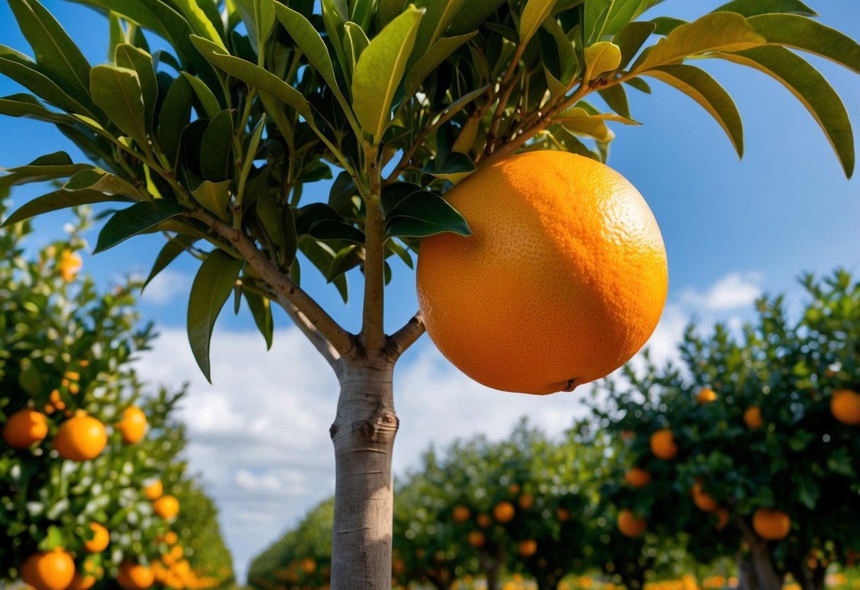 A vibrant grapefruit tree surrounded by lush orange groves, with a clear blue sky overhead