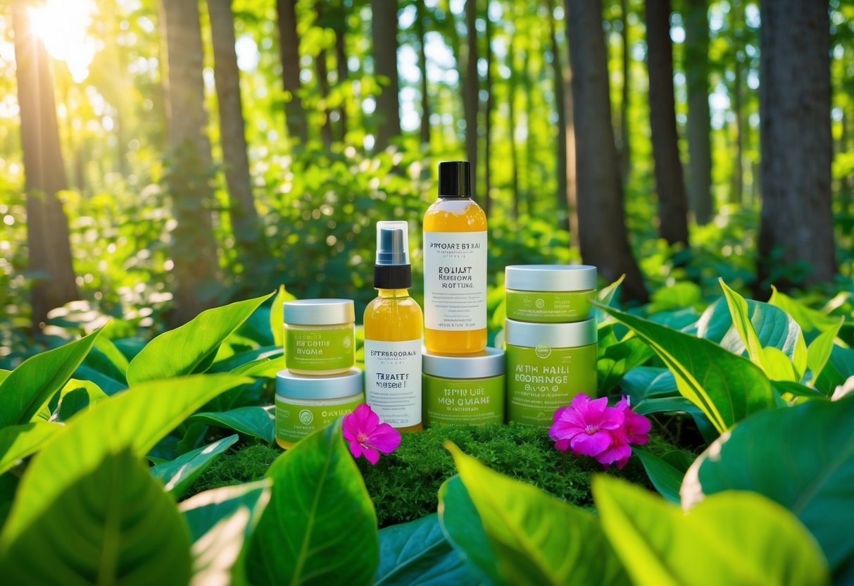 A lush forest with eco-friendly beauty products nestled among vibrant green leaves and blooming flowers.</p><p>Sunlight filters through the trees, highlighting the natural ingredients and sustainable packaging