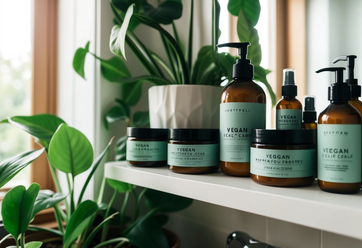A serene bathroom shelf with vegan scalp care products neatly arranged, surrounded by lush green plants and natural light streaming in through the window