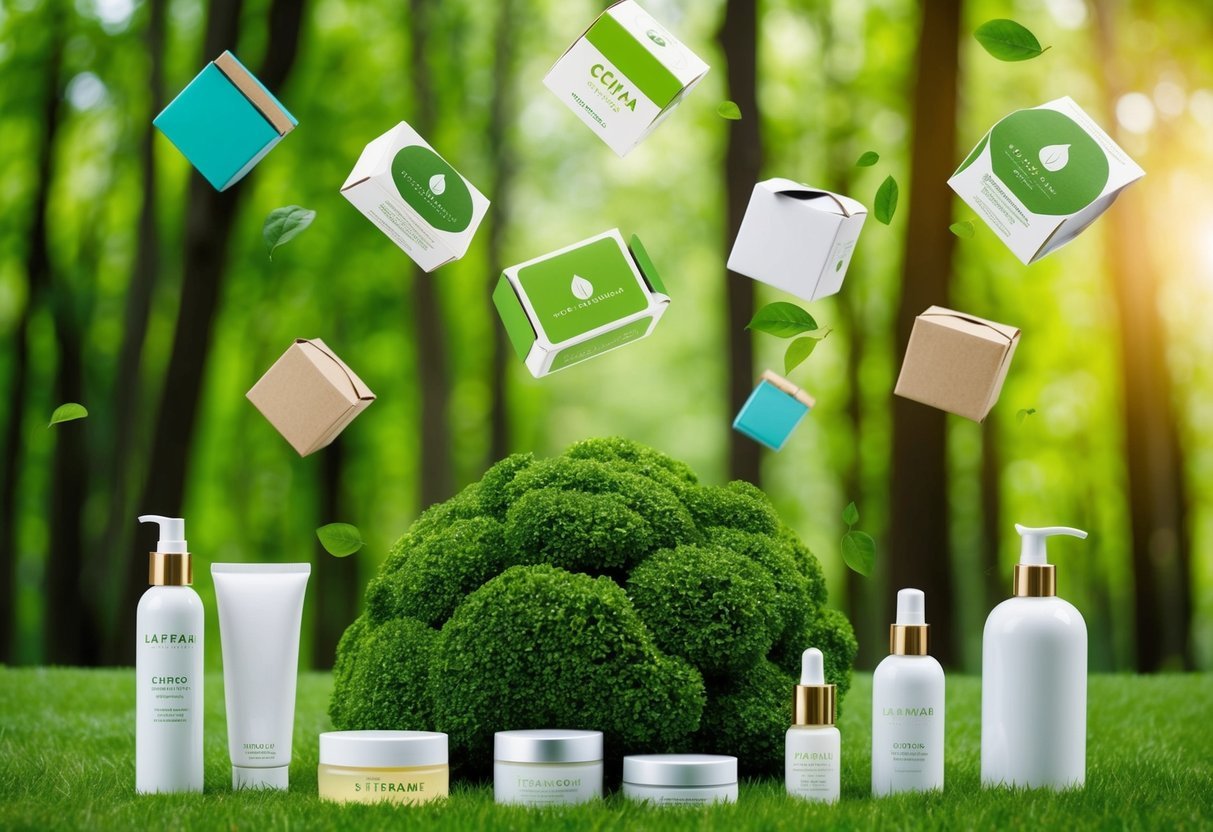 A lush green forest with various eco-friendly packaging materials floating above, surrounded by clean beauty products