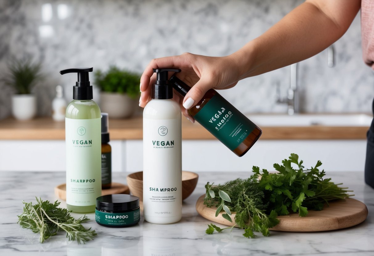A woman's hand reaches for a bottle of vegan shampoo on a marble countertop, surrounded by plant-based hair care products and fresh herbs