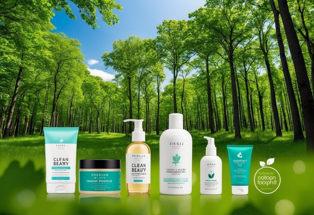 A lush green forest with a clear blue sky, featuring clean beauty products and various eco-friendly practices to reduce carbon footprint