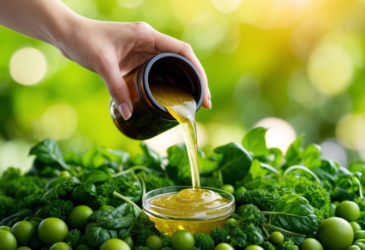 A woman's hand pours vegan scalp treatment onto a lush, green landscape of healthy, nourished hair follicles