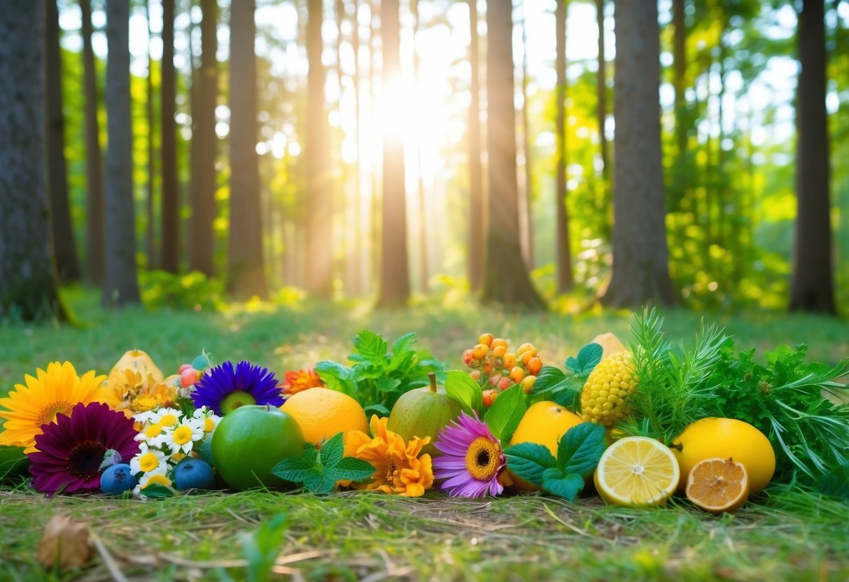 A serene forest clearing with sunlight filtering through the trees, showcasing a variety of colorful, natural ingredients like flowers, herbs, and fruits