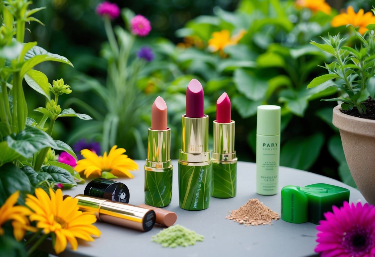 A lush, green garden with vibrant flowers and plants.</p><p>A table holds plant-based lipsticks, surrounded by natural, cruelty-free makeup products