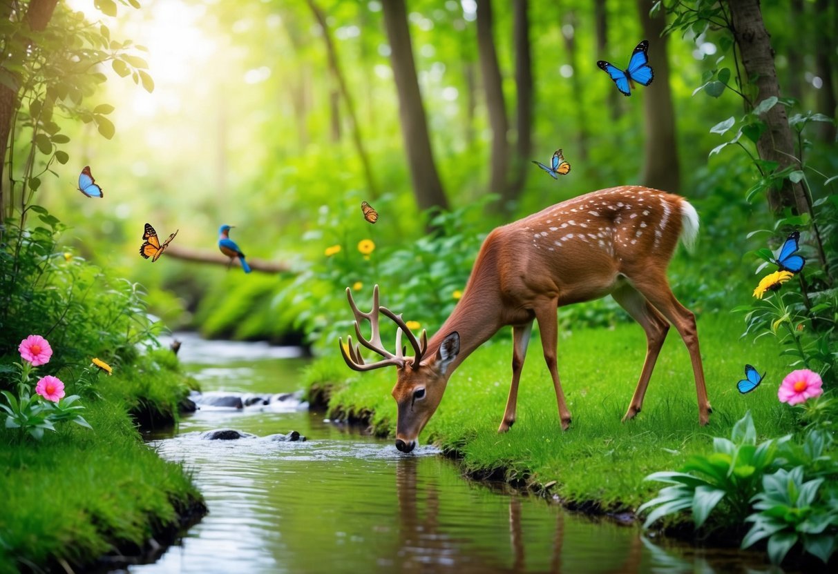 A serene forest with a clear stream, lush greenery, and vibrant flowers.</p><p>A deer peacefully drinks from the stream, surrounded by butterflies and birds