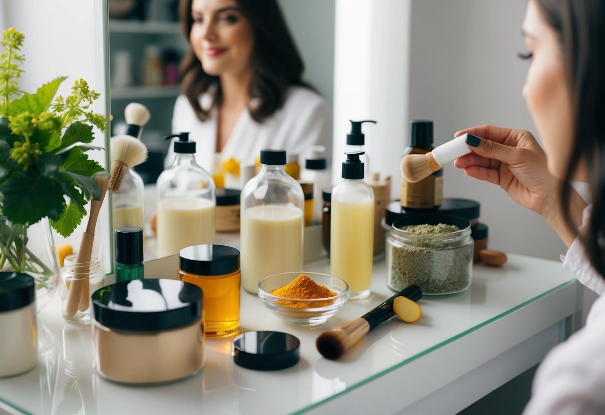 A woman's vanity table with assorted natural ingredients and containers for making DIY makeup remover