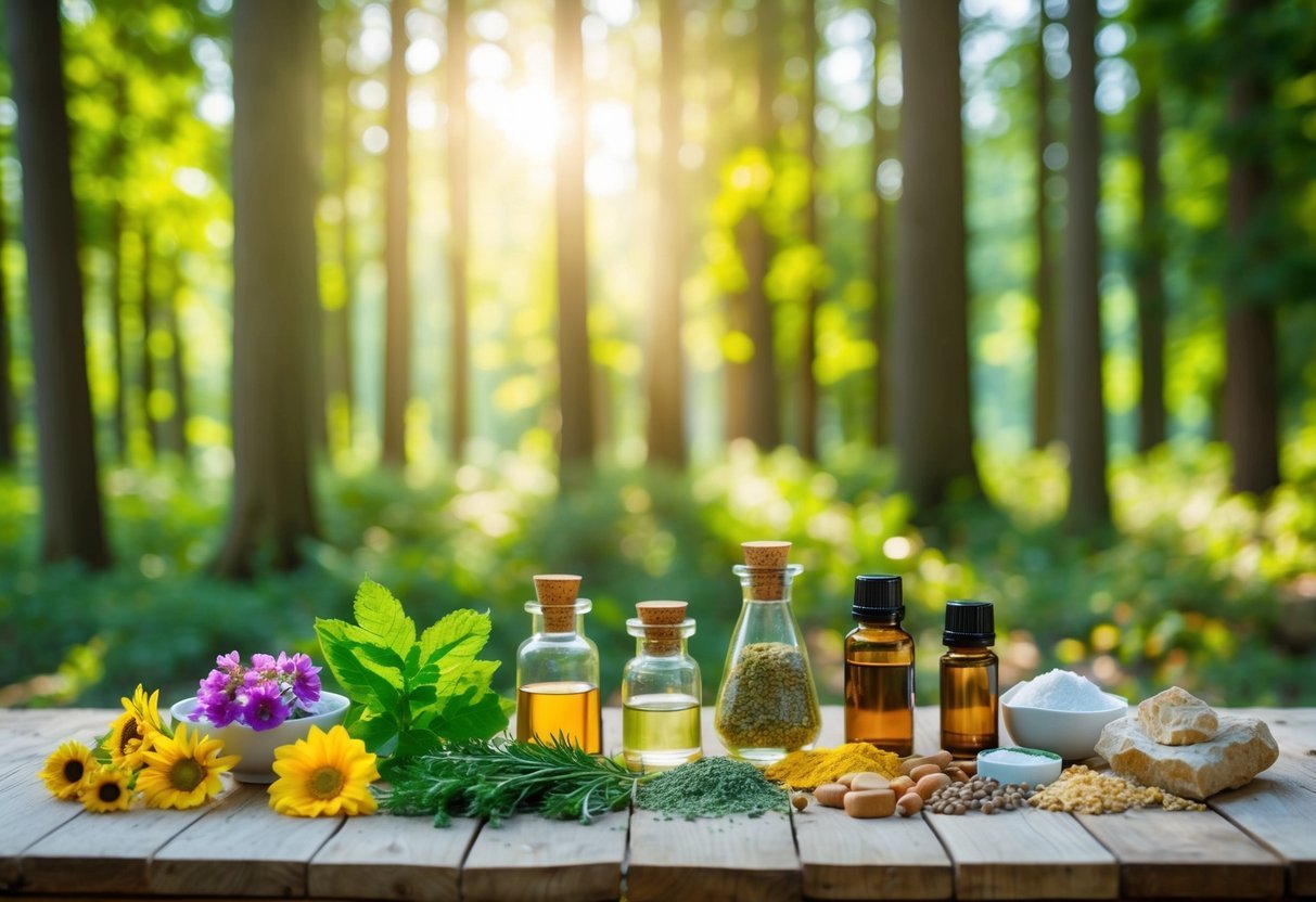 A serene forest clearing with sunlight filtering through the trees, showcasing a variety of natural ingredients like flowers, herbs, and minerals