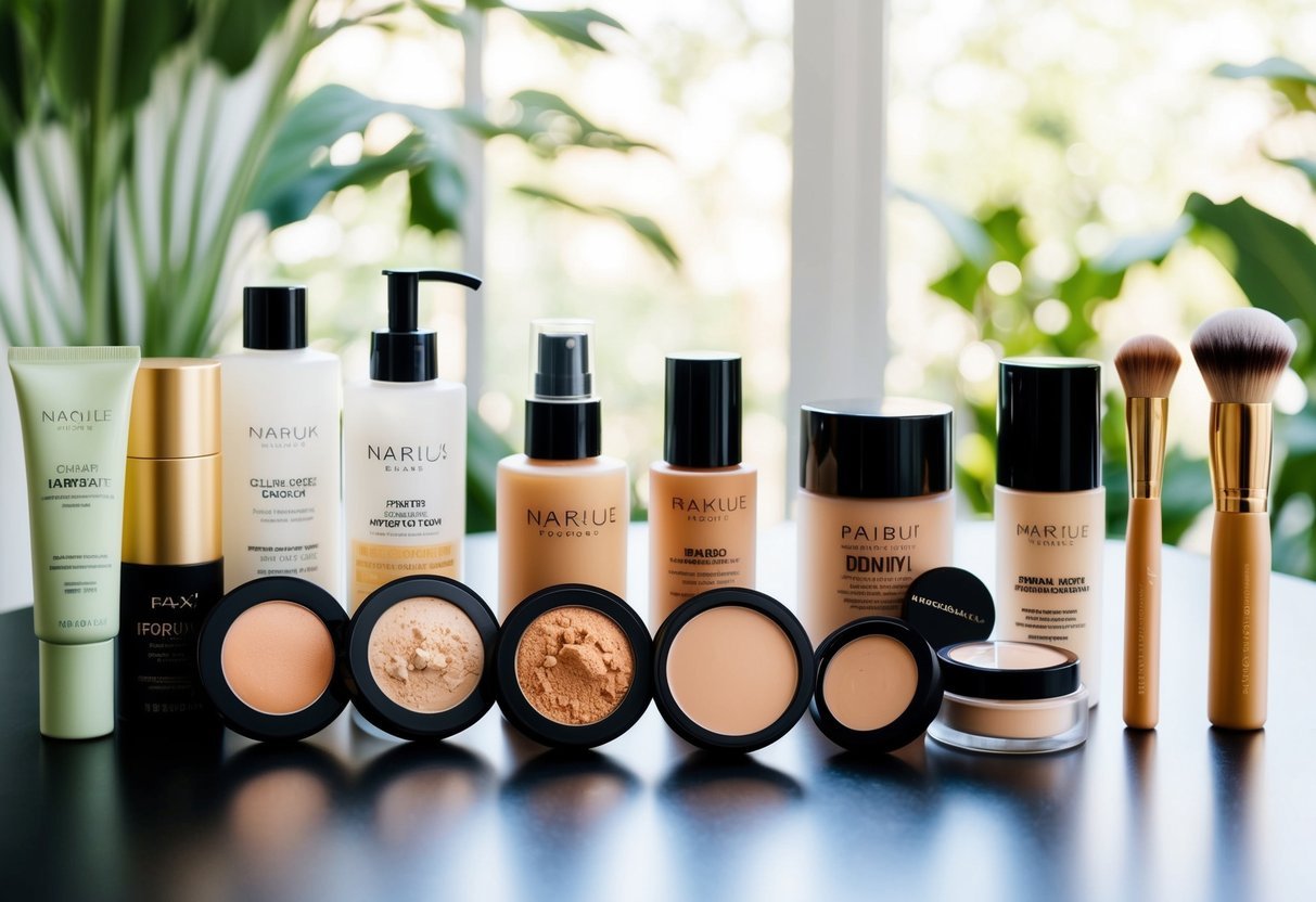 A table with various natural makeup products arranged in a step-by-step order, from cleansers to foundation and finishing powder