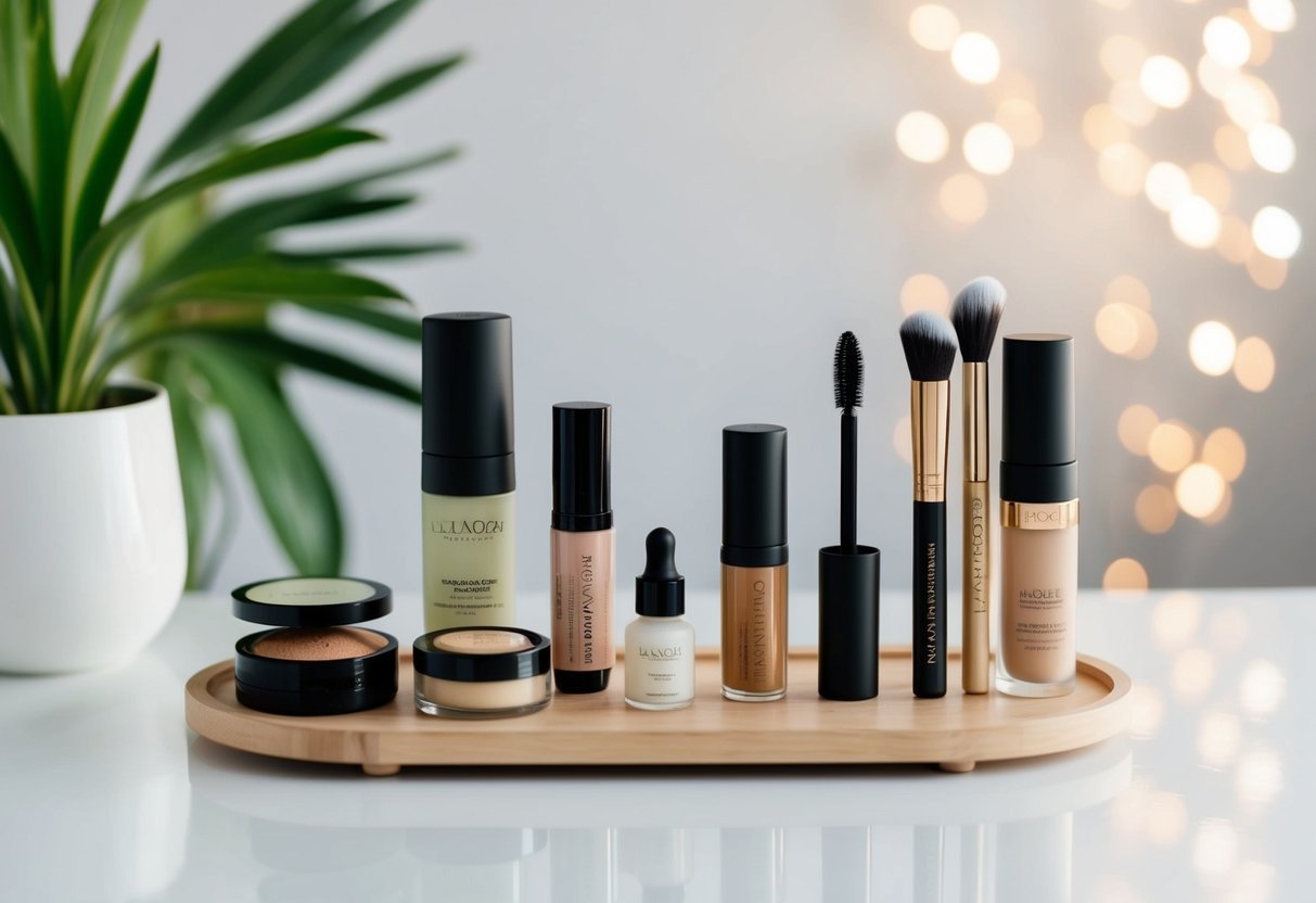 A clean, organized makeup table with all-natural, cruelty-free products laid out in 5 steps