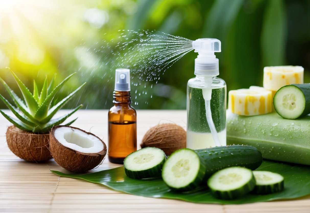 A serene spa-like setting with a variety of natural ingredients such as aloe vera, cucumber slices, and coconut oil arranged on a table. A gentle mist of water spray adds a refreshing touch