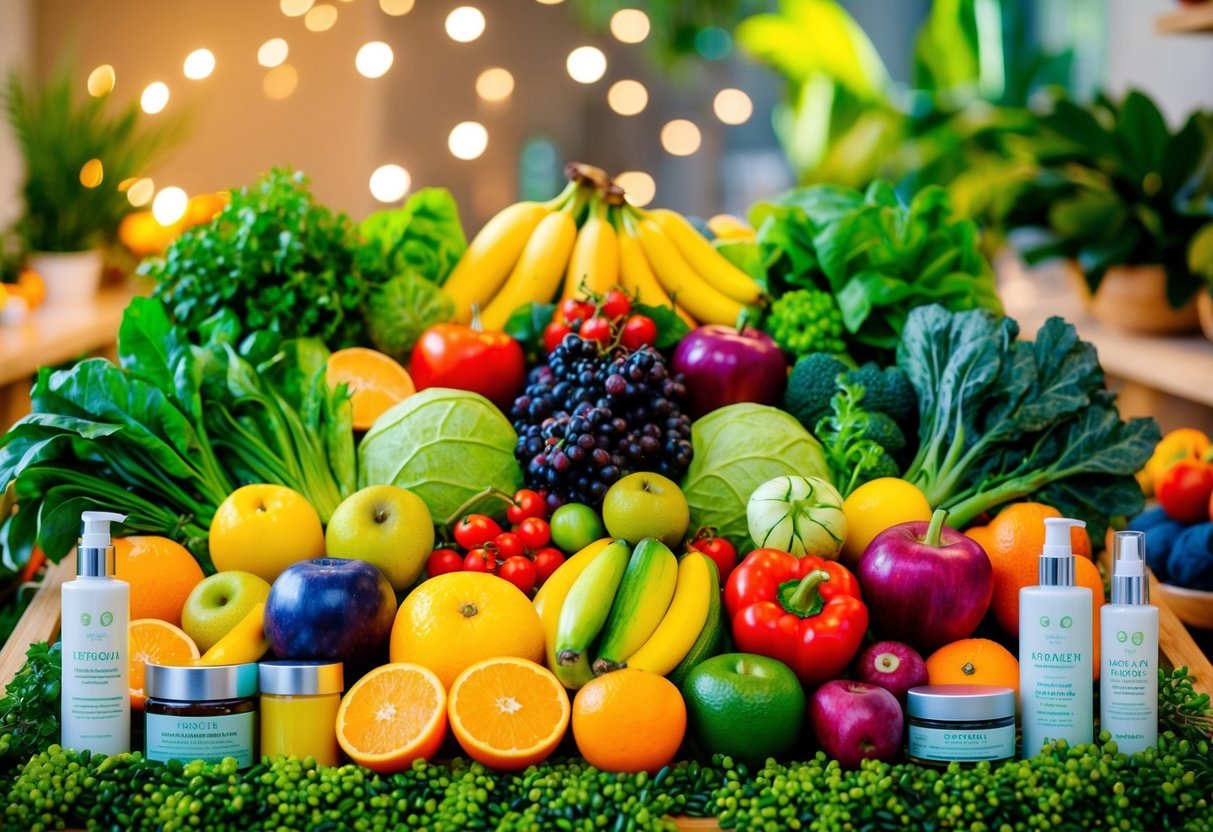 A variety of vibrant fruits and vegetables arranged in a colorful display, surrounded by natural skincare products and lush greenery