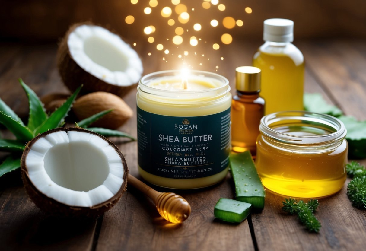 A jar of shea butter surrounded by natural ingredients like coconut oil, aloe vera, and honey, with a soft glow emanating from the center