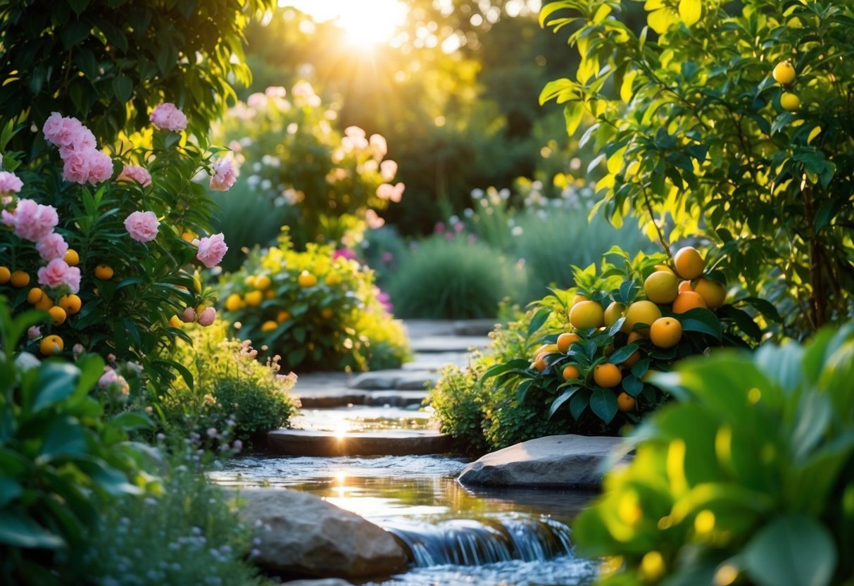 A serene, sunlit garden with blooming flowers and ripe fruits, surrounded by flowing streams and lush greenery