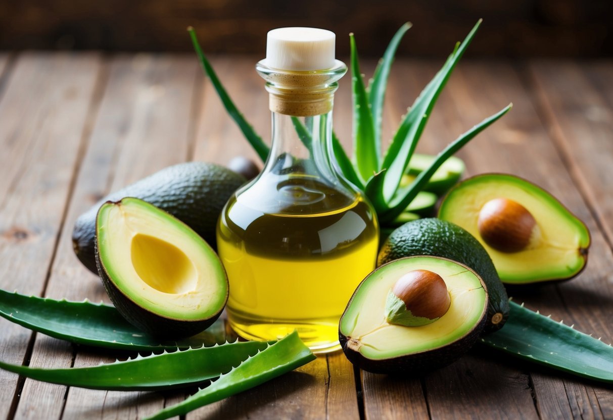 A glass bottle of avocado oil surrounded by fresh avocados, aloe vera leaves, and other natural ingredients on a wooden table