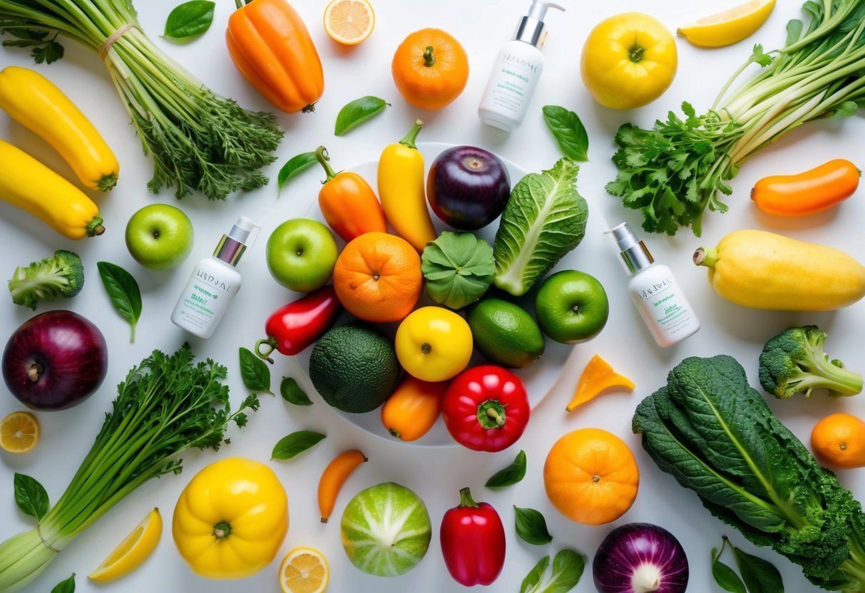 A vibrant array of fresh, colorful fruits and vegetables arranged on a clean, white background, surrounded by natural skincare products