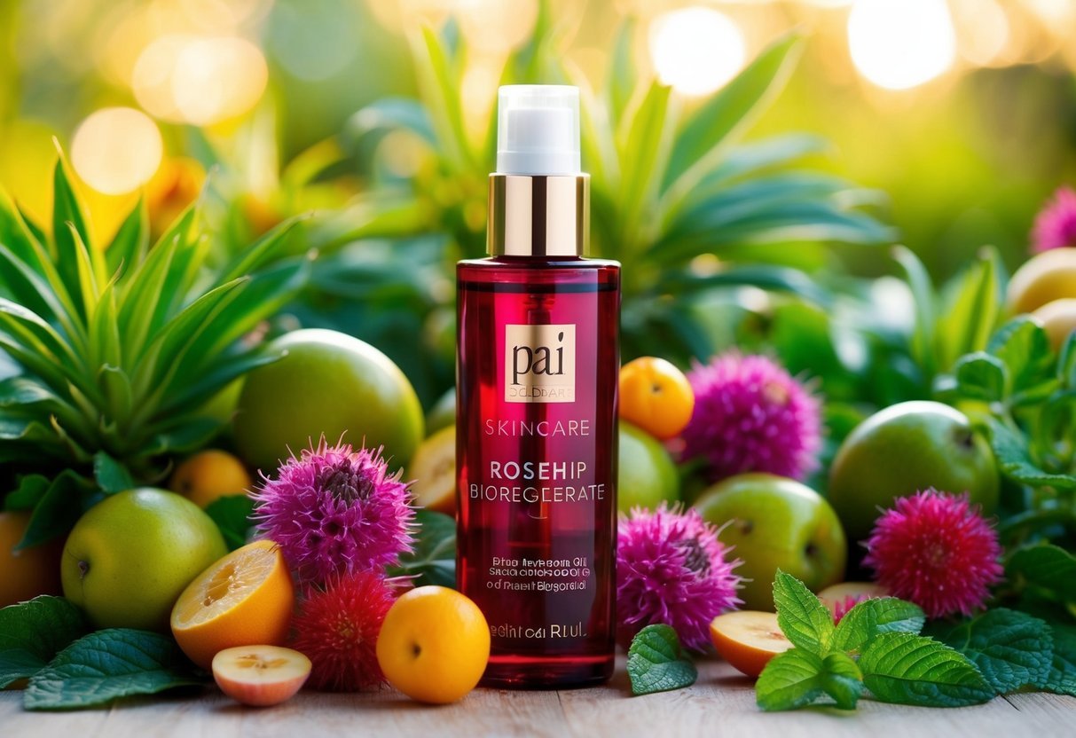 A bottle of Pai Skincare Rosehip BioRegenerate Oil surrounded by vibrant, fresh botanicals and fruits, evoking a sense of natural radiance and vitality