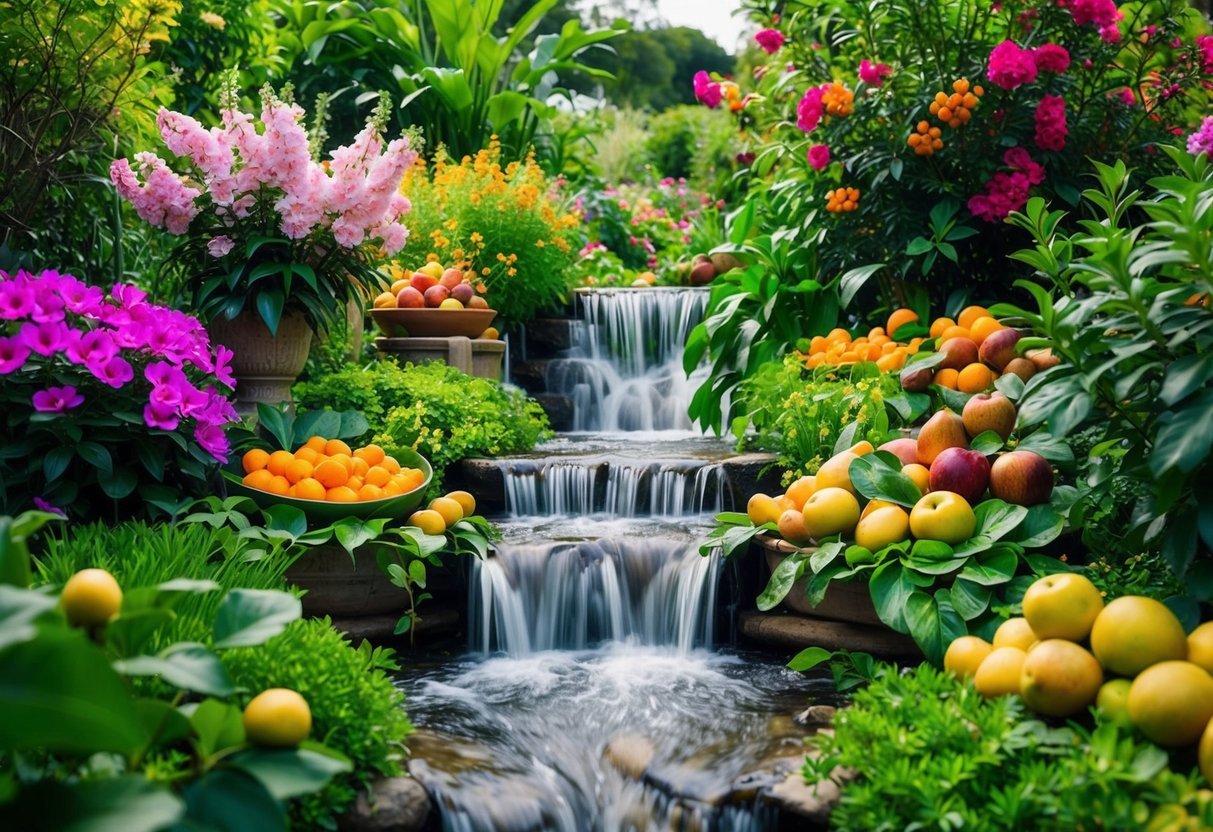 A lush garden with blooming flowers and ripe fruits, surrounded by flowing streams and cascading waterfalls, showcasing the abundance of natural ingredients for skin hydration