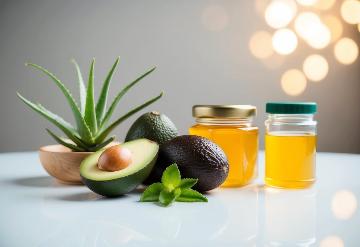 A variety of natural ingredients such as aloe vera, avocado, and honey arranged on a clean, minimalist background with soft lighting