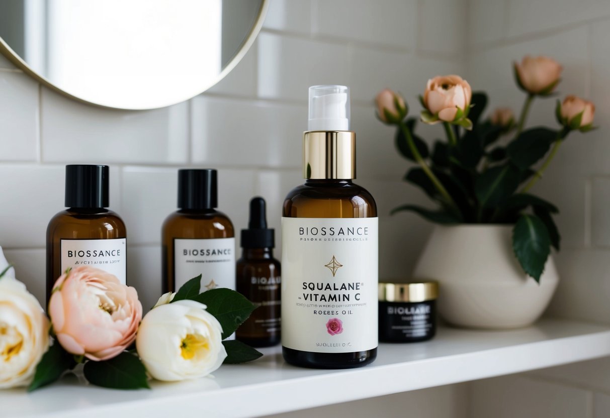 A serene, minimalist bathroom shelf with a bottle of Biossance Squalane + Vitamin C Rose Oil surrounded by vegan skincare products and fresh flowers