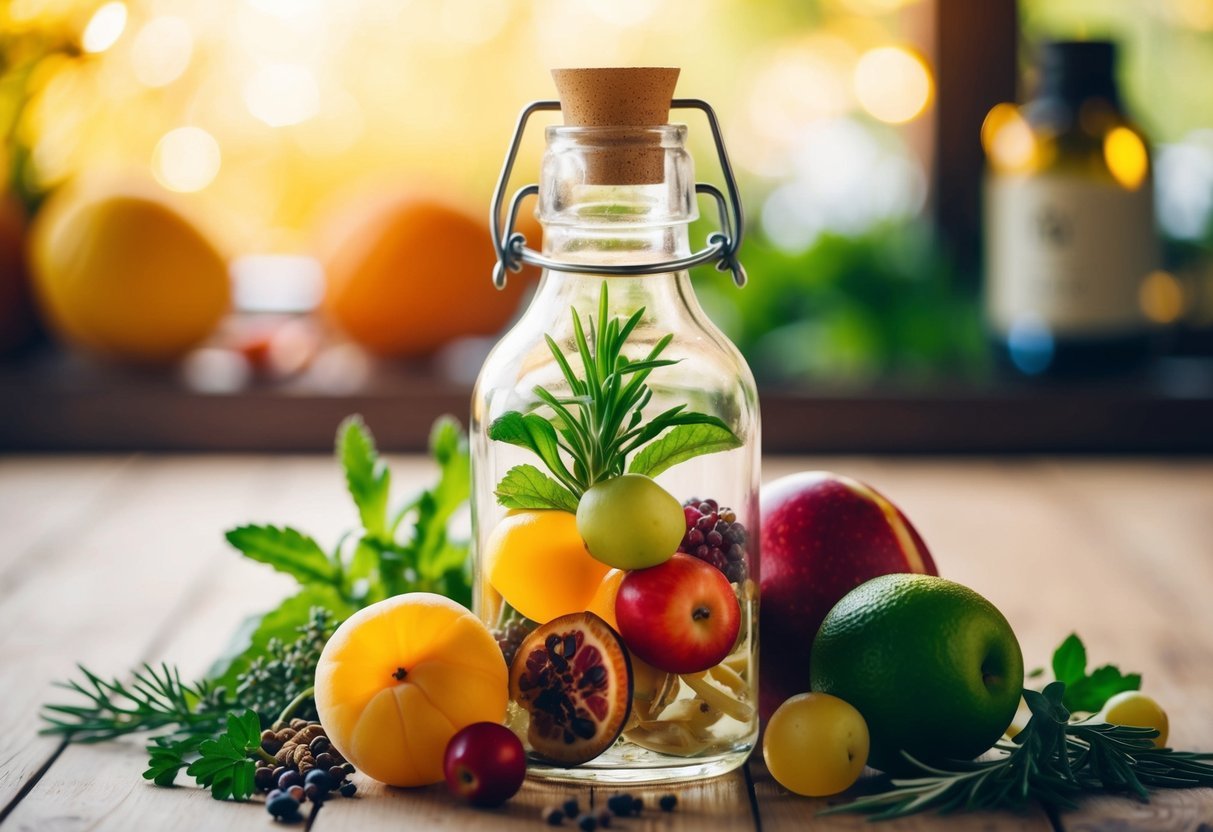 A clear glass bottle surrounded by fresh, colorful fruits and herbs, with a soft glow highlighting the natural ingredients