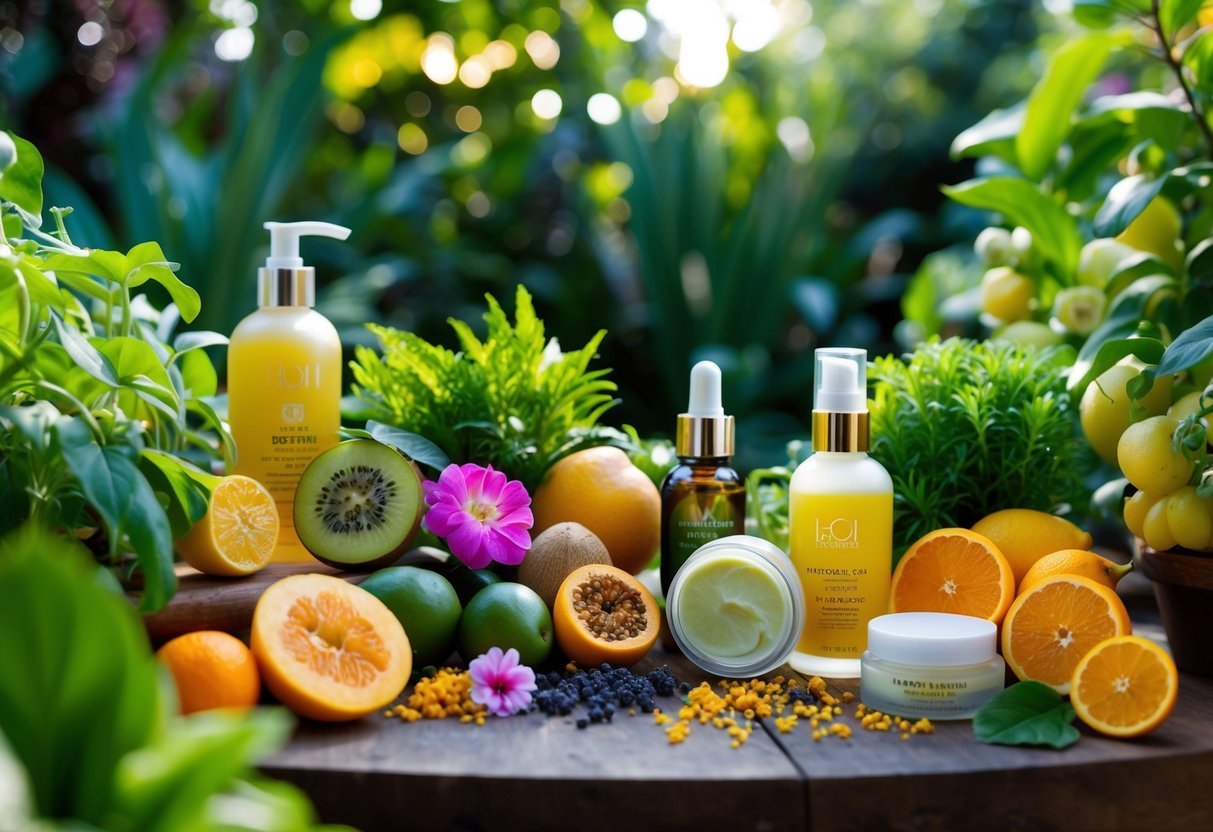 A lush garden with vibrant, organic ingredients like fruits, flowers, and plants, surrounded by natural skincare products and glowing skin