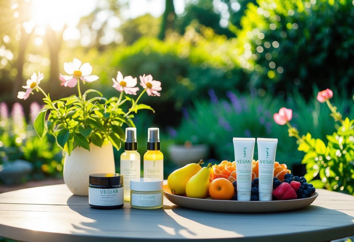 A serene, sunlit garden with blooming flowers and lush greenery, featuring a table adorned with an array of vegan skincare products and fresh fruits