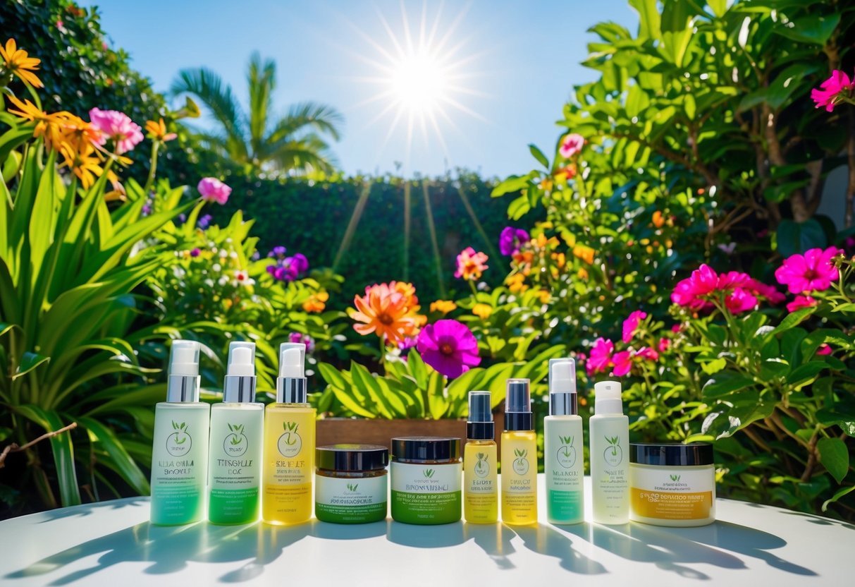 A lush garden with vibrant, blooming flowers and lush greenery.</p><p>A clear, radiant sky illuminates the scene, while a variety of vegan skincare products are displayed on a table