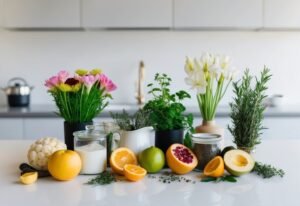 Flowers, herbs, and fruit arranged on a white kitchen countertop