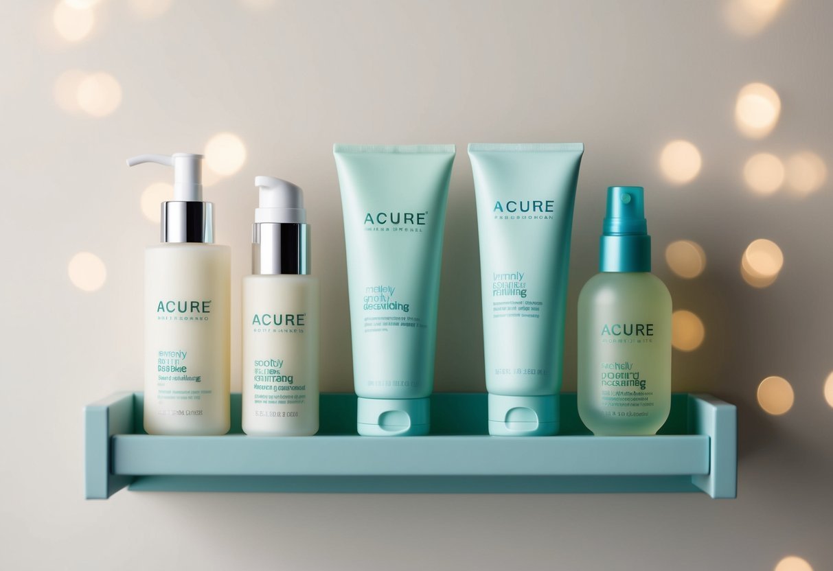 A serene, minimalist bathroom shelf with the Acure Seriously Soothing Facial Cleansing Gel prominently displayed among other fragrance-free beauty products