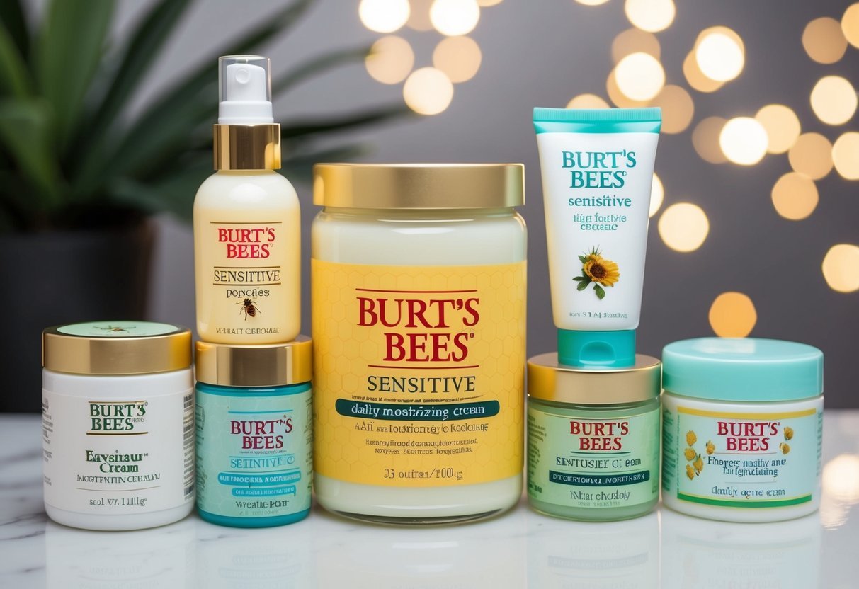 A jar of Burt's Bees Sensitive Daily Moisturizing Cream surrounded by seven different pure beauty products, all fragrance-free