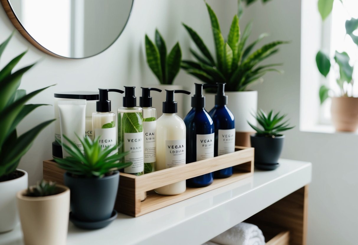 A clean, organized bathroom shelf with neatly arranged vegan beauty products in glass or recycled packaging, surrounded by potted plants and natural light