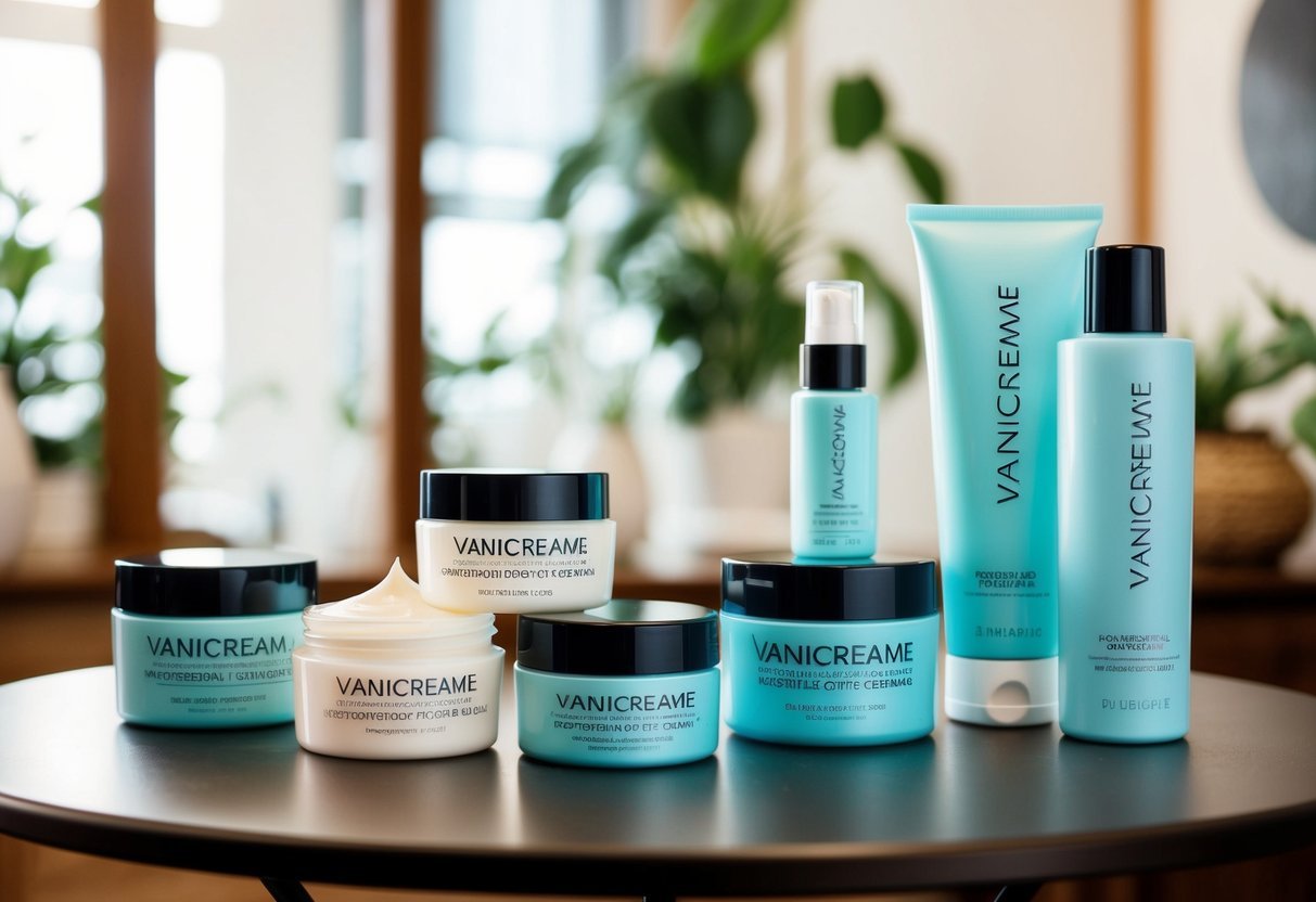 A table with various beauty products, including Vanicream Moisturizing Cream, displayed with a focus on the fragrance-free and pure ingredients