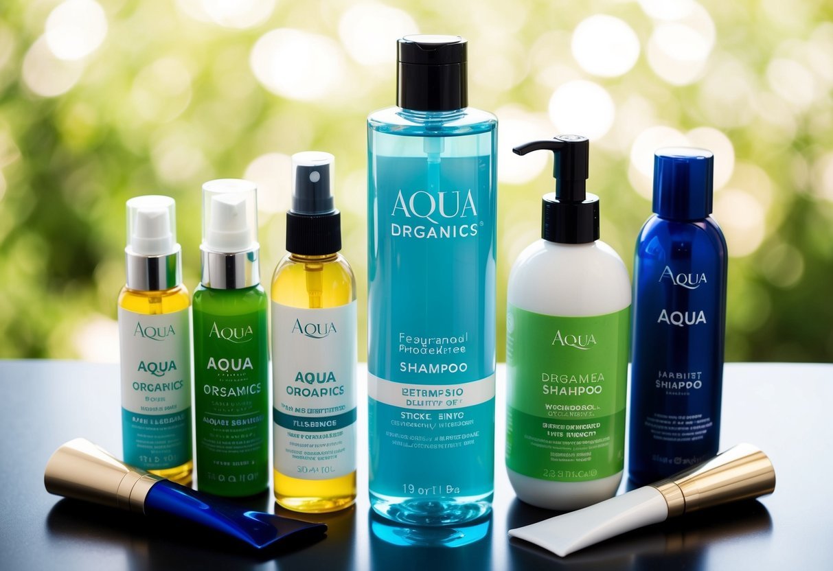 A clear bottle of Aqua Organics shampoo surrounded by 7 different beauty products, all labeled as fragrance-free