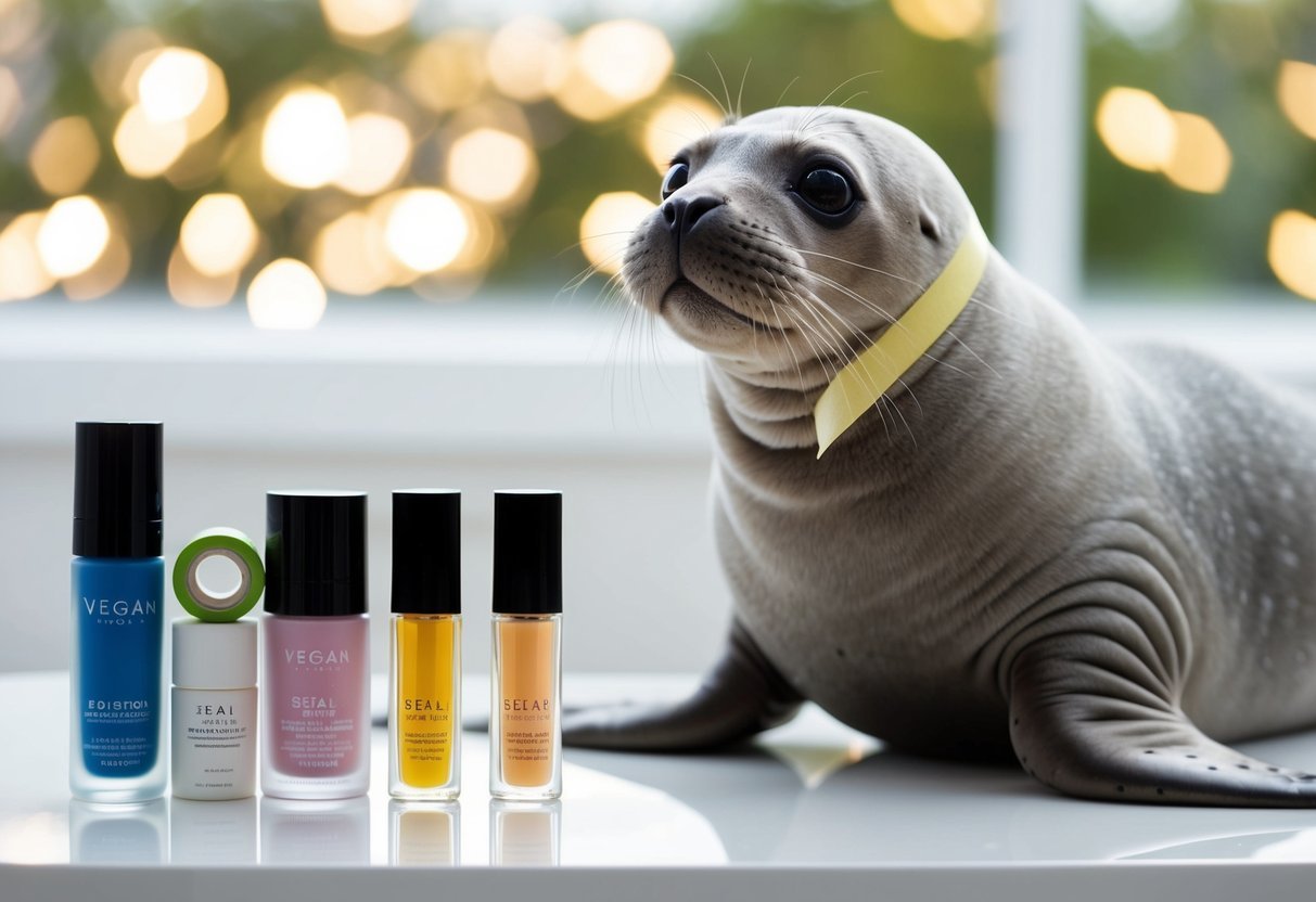 A seal carefully applying vegan-friendly tape to a set of beauty products on a clean, organized shelf