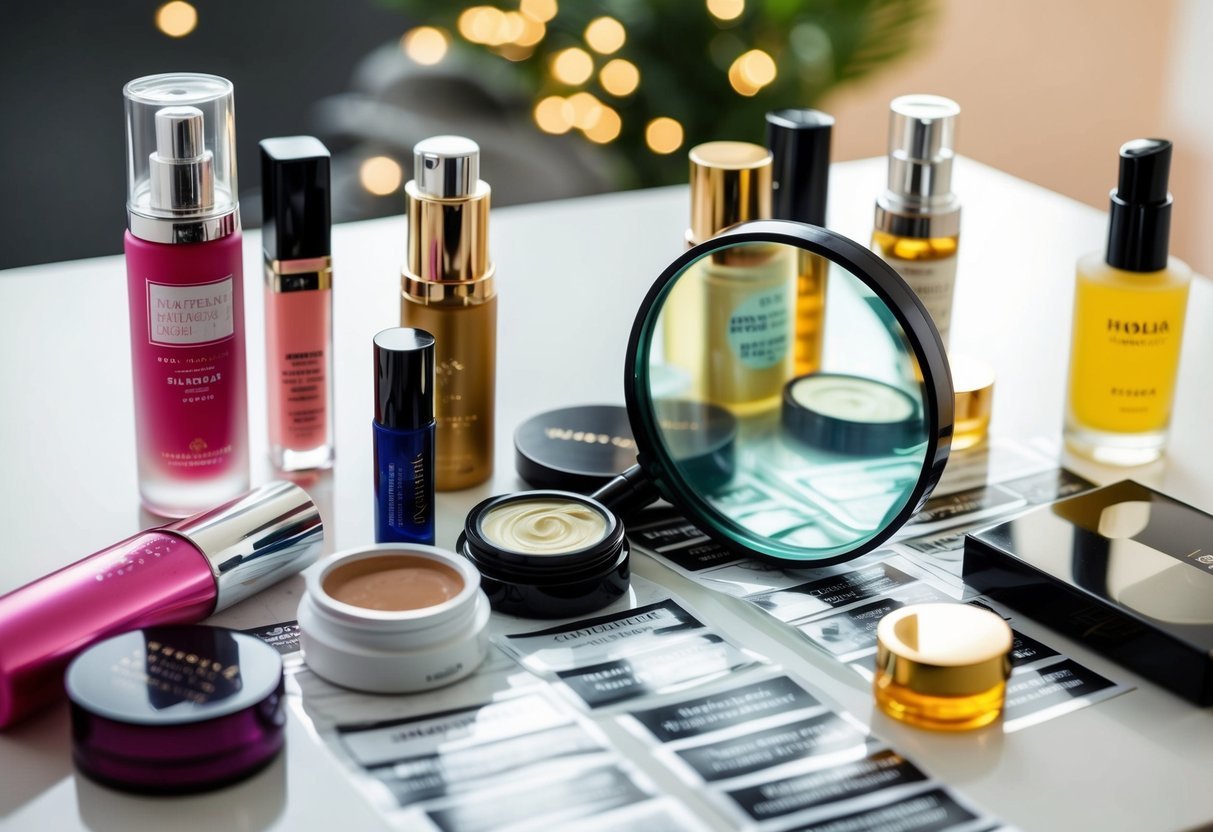 A table with various beauty products, surrounded by ingredient labels and a magnifying glass for close inspection