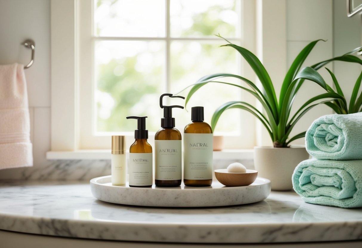 A serene, sunlit bathroom with natural skincare products arranged neatly on a marble countertop. Soft, pastel-colored towels and a potted plant add a touch of tranquility