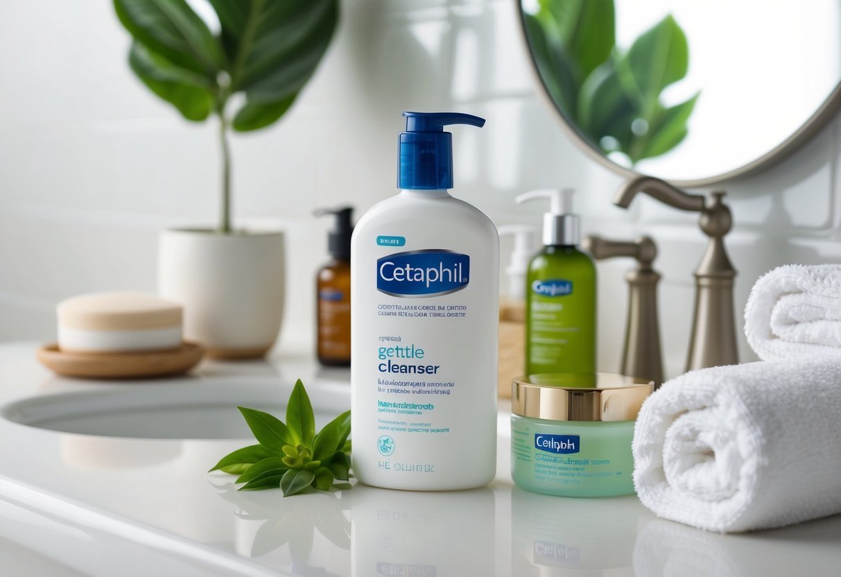 A serene bathroom counter with a bottle of Cetaphil Gentle Cleanser surrounded by natural skincare products and a soft towel