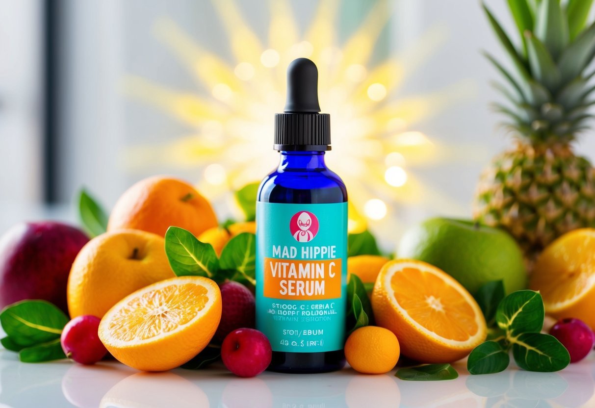 A bright and colorful bottle of Mad Hippie Vitamin C Serum surrounded by fresh fruits and vibrant botanicals, radiating a healthy glow