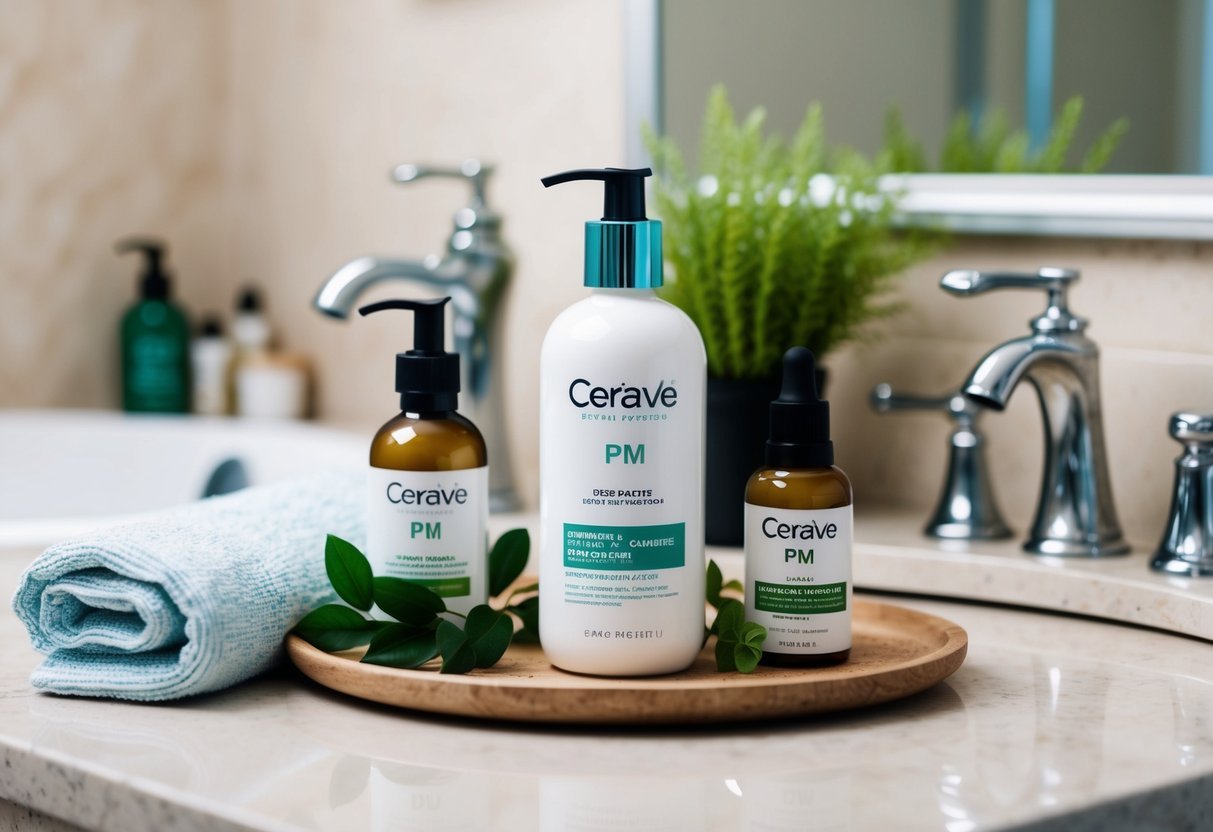 A serene bathroom countertop with a bottle of CeraVe PM Lotion surrounded by plant-based skincare products and a soft towel