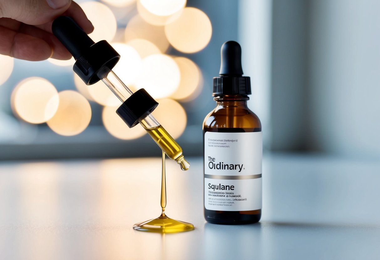 A dropper releasing oil onto a smooth, clean surface, with a bottle of "The Ordinary Squalane" nearby