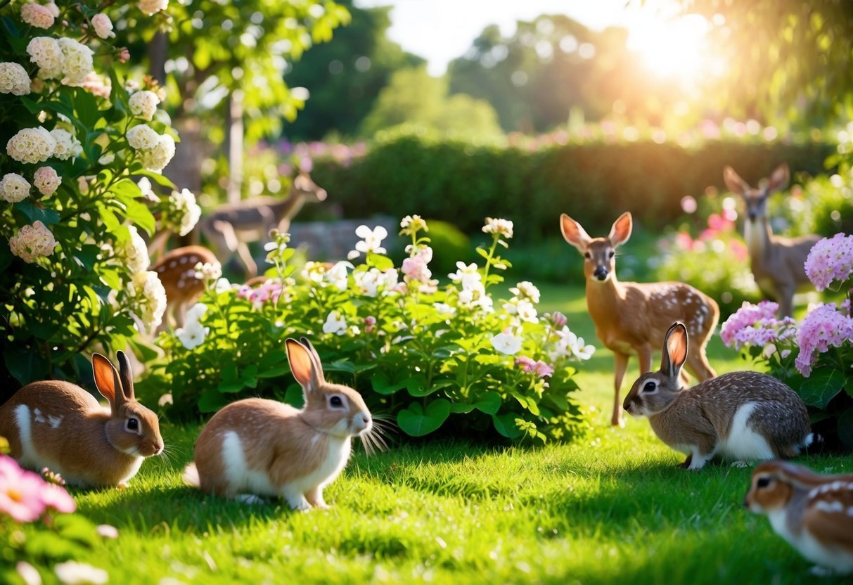 A serene, sunlit garden with blooming flowers and lush greenery, surrounded by animals such as rabbits, deer, and birds living harmoniously