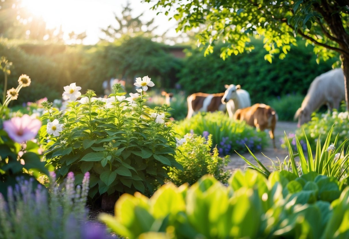 A serene, sunlit garden with blooming flowers and lush greenery, featuring ethically-sourced botanical ingredients and animals living freely in harmony